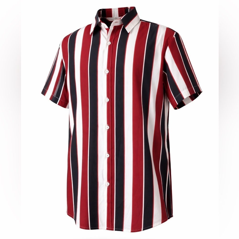 SHEIN Men's XXL Red White & Black Vertical Striped Button Front Casual Shirt NIB